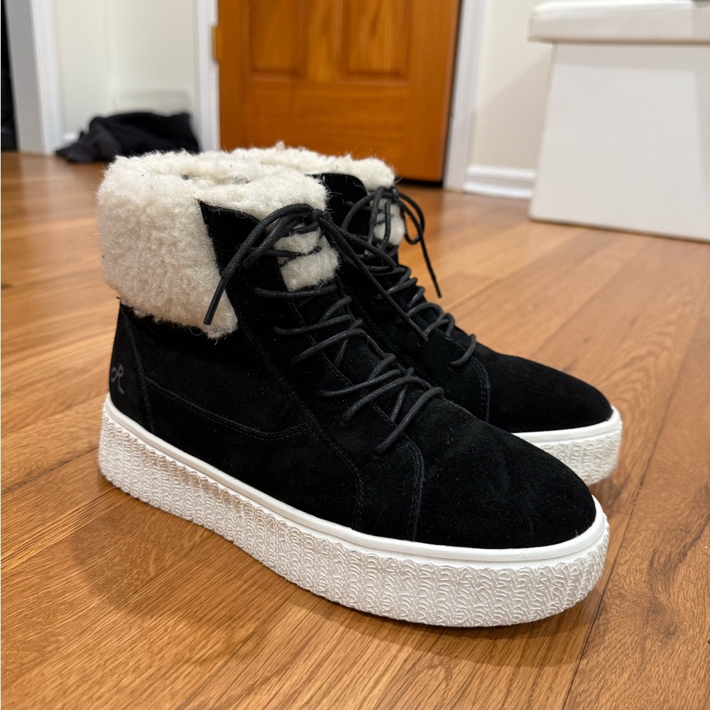 Black Faux-Shearling High-Top Platform Sneakers